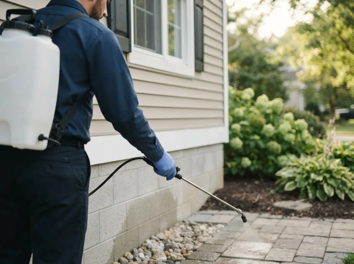 Pest control technician inspecting a home in Faith, NC